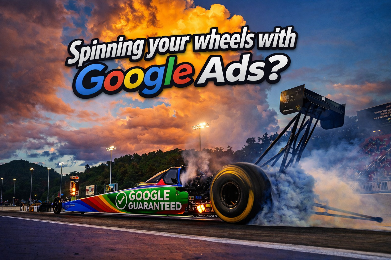 Google dragster burnout at sunset